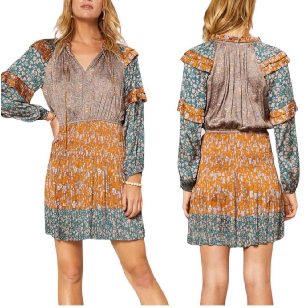 Current Air Women's Medium‎ Multi Floral Mini Dress Long Sleeves Ruffle NWT